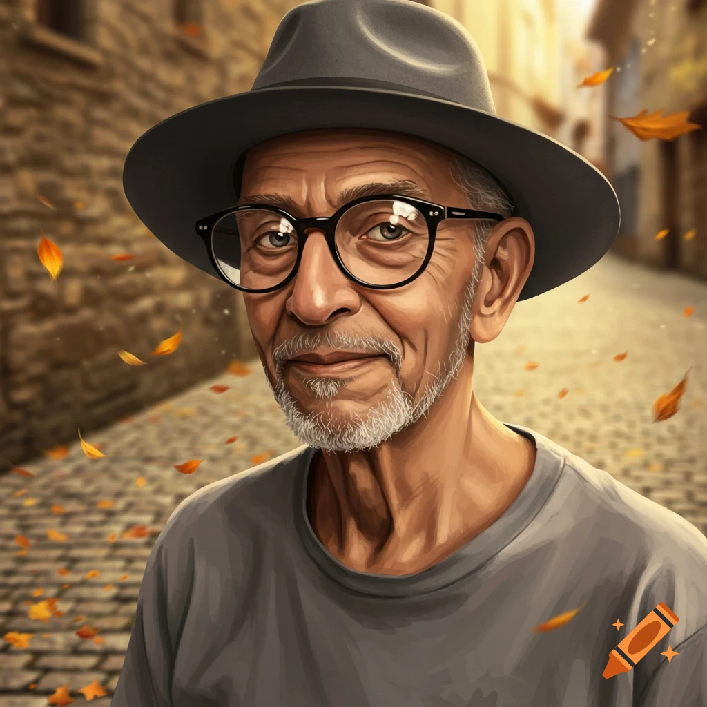 Illustrated portrait of an older man with a grey beard, black glasses, and a grey hat on a cobblestone street with falling autumn leaves.