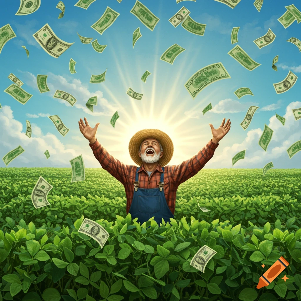 A happy farmer with arms raised stands in a lush green field as dollar bills rain down from a sunny blue sky, in an illustrative style.