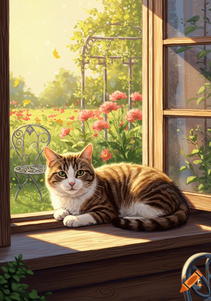 A tabby cat with green eyes lies on a sunny wooden windowsill, looking into a vibrant garden with pink flowers and a metal chair.