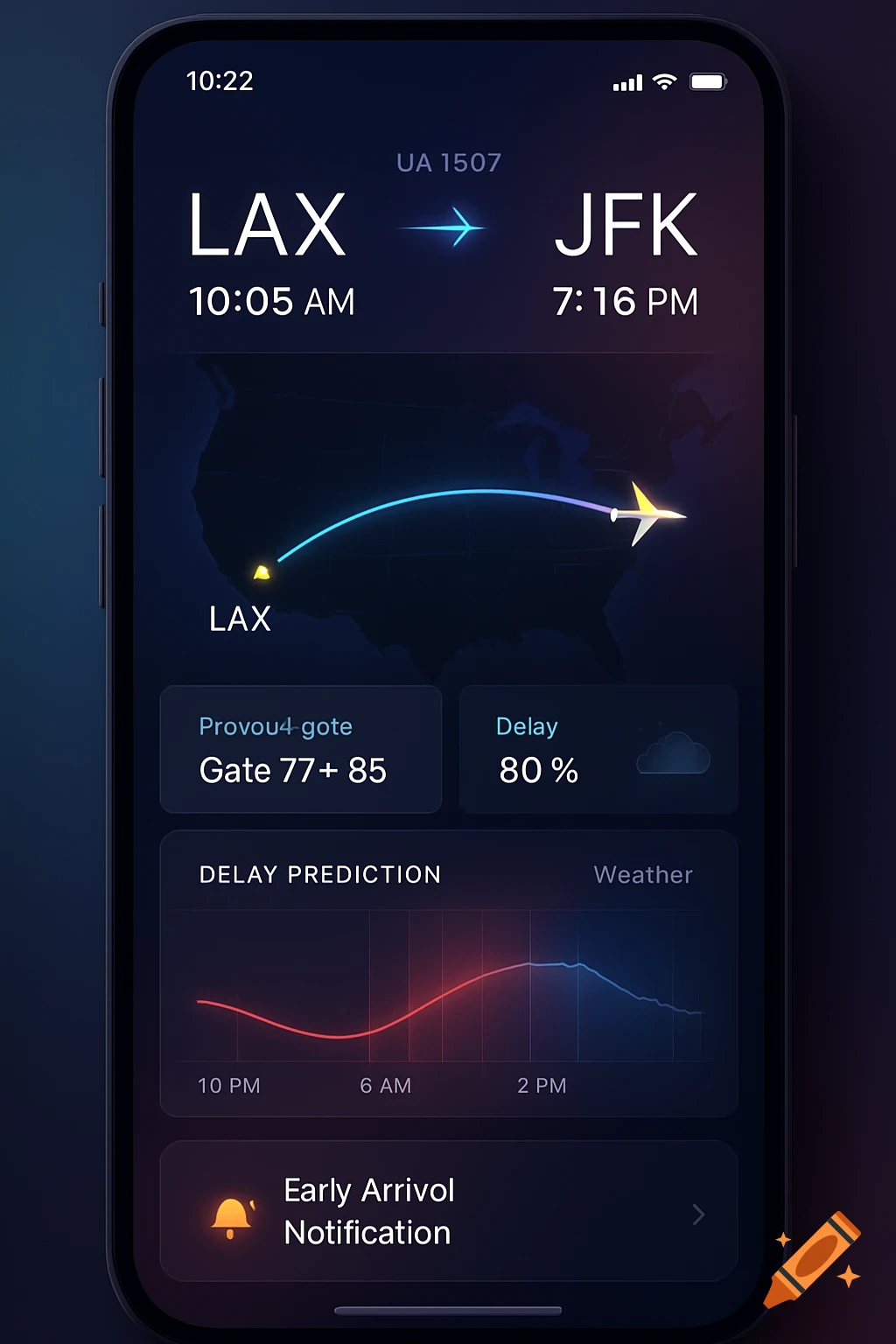 A dark-themed mobile app UI showing flight details from LAX to JFK, a map of the US with a flight path, delay predictions, and notification alerts.