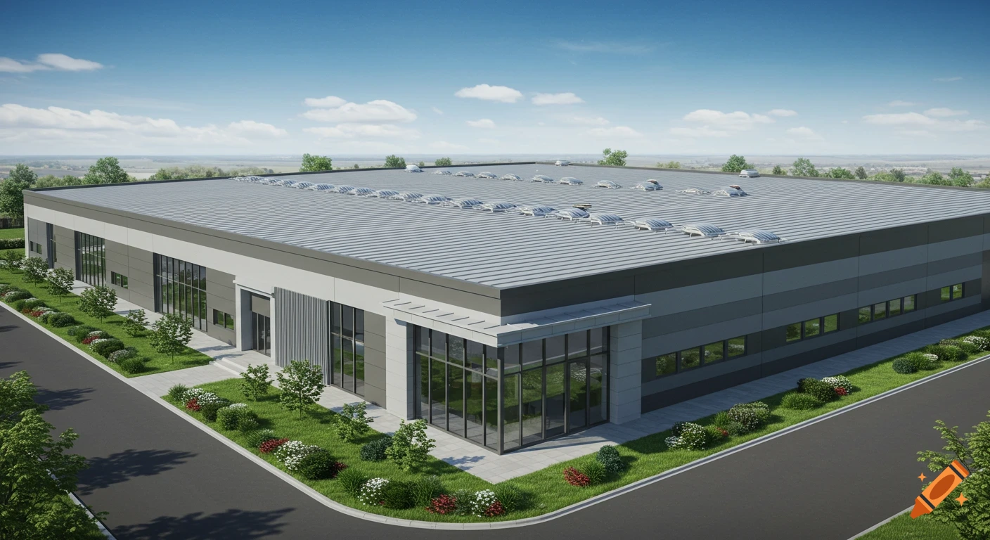 A high-angle, photorealistic view of a modern industrial building with a gray roof and walls, surrounded by green landscaping under a clear blue sky.