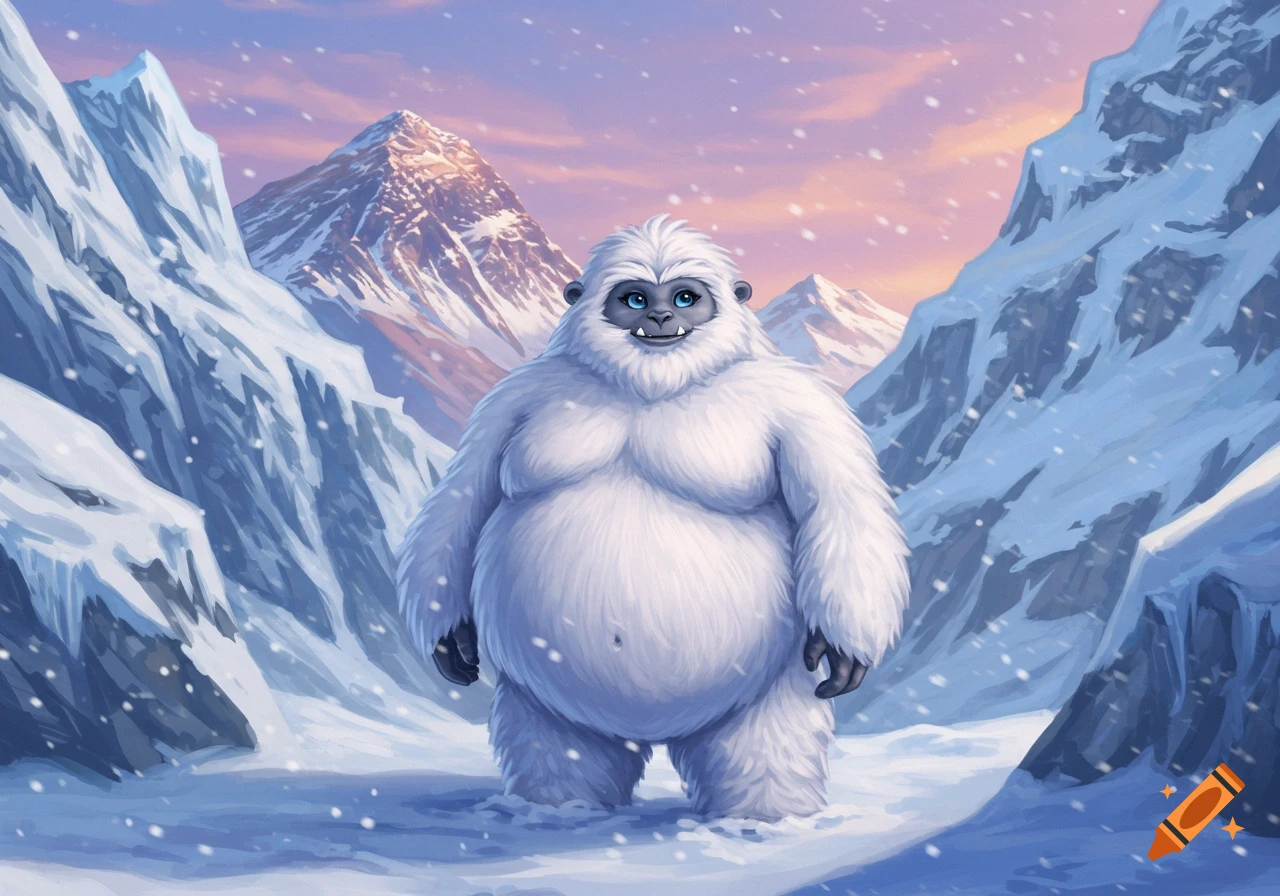 A smiling, fluffy white yeti stands in a snowy mountain landscape under a pink sky in an illustration.