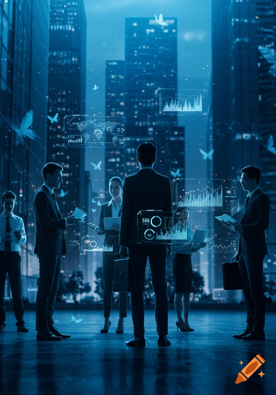 Business people in suits stand in a futuristic blue cityscape with holographic data interfaces and glowing butterflies floating around them.