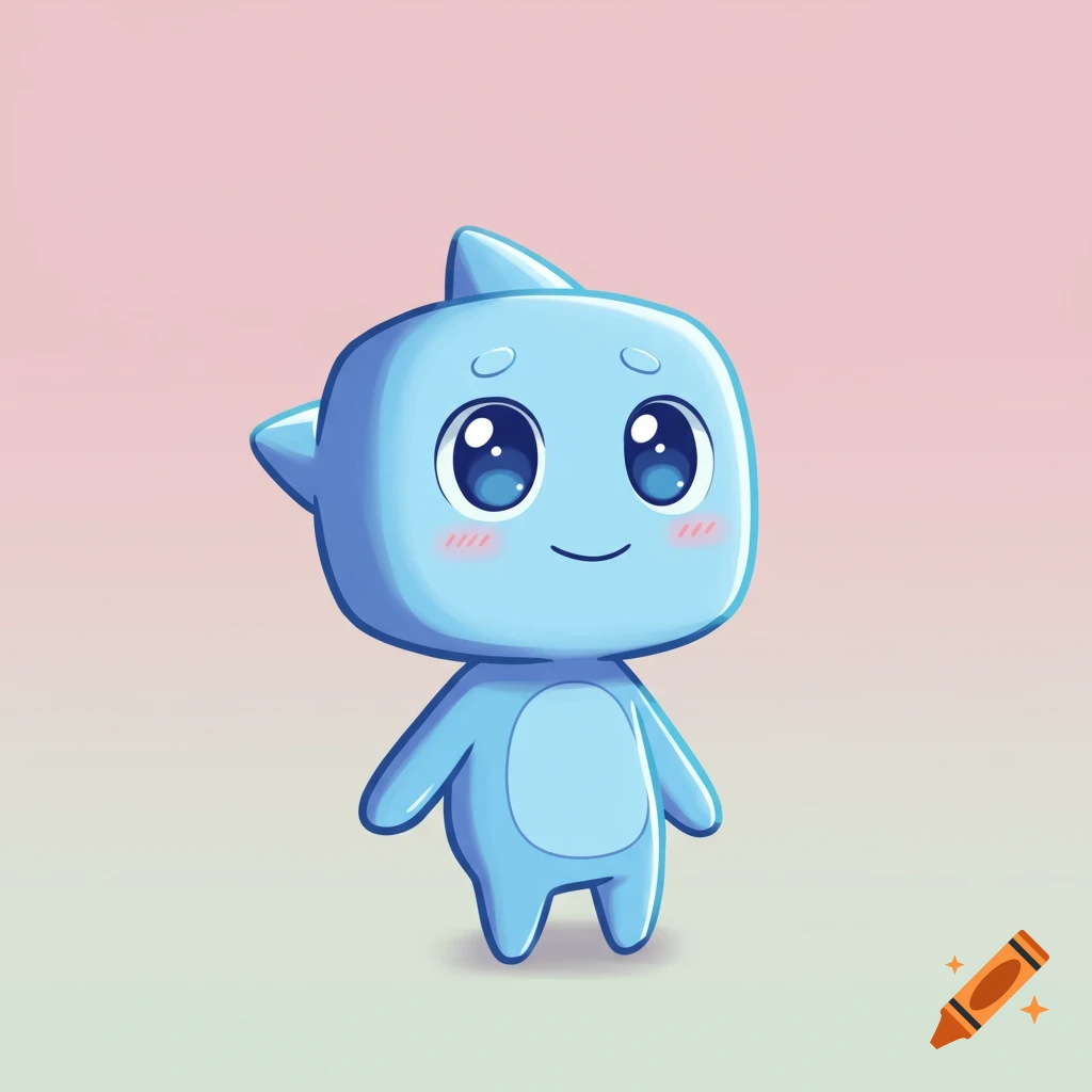 A cute, light blue cartoon character with big eyes, a smile, and a spike on its head, on a pink and green gradient.