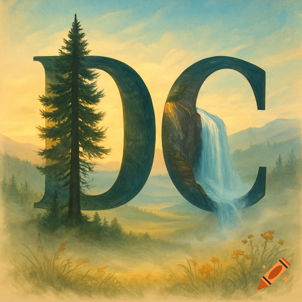 Large stylized letters 'D' and 'C' as a landscape: 'D' with a pine tree, 'C' with a waterfall, in a misty mountain valley.