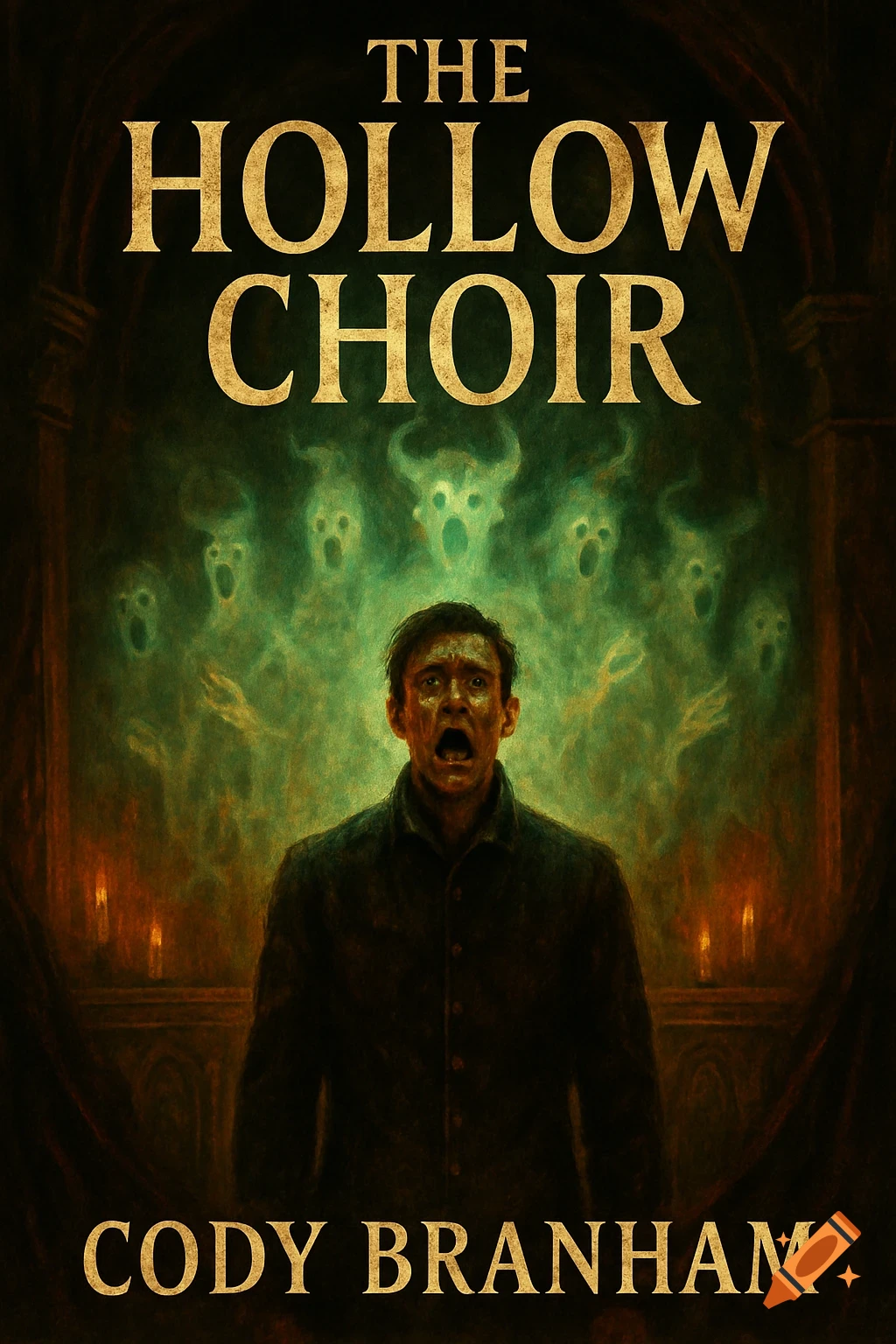 A terrified man in a dark room with green glowing ghosts with open mouths behind him. Text reads 'THE HOLLOW CHOIR' and 'CODY BRANHAM'.
