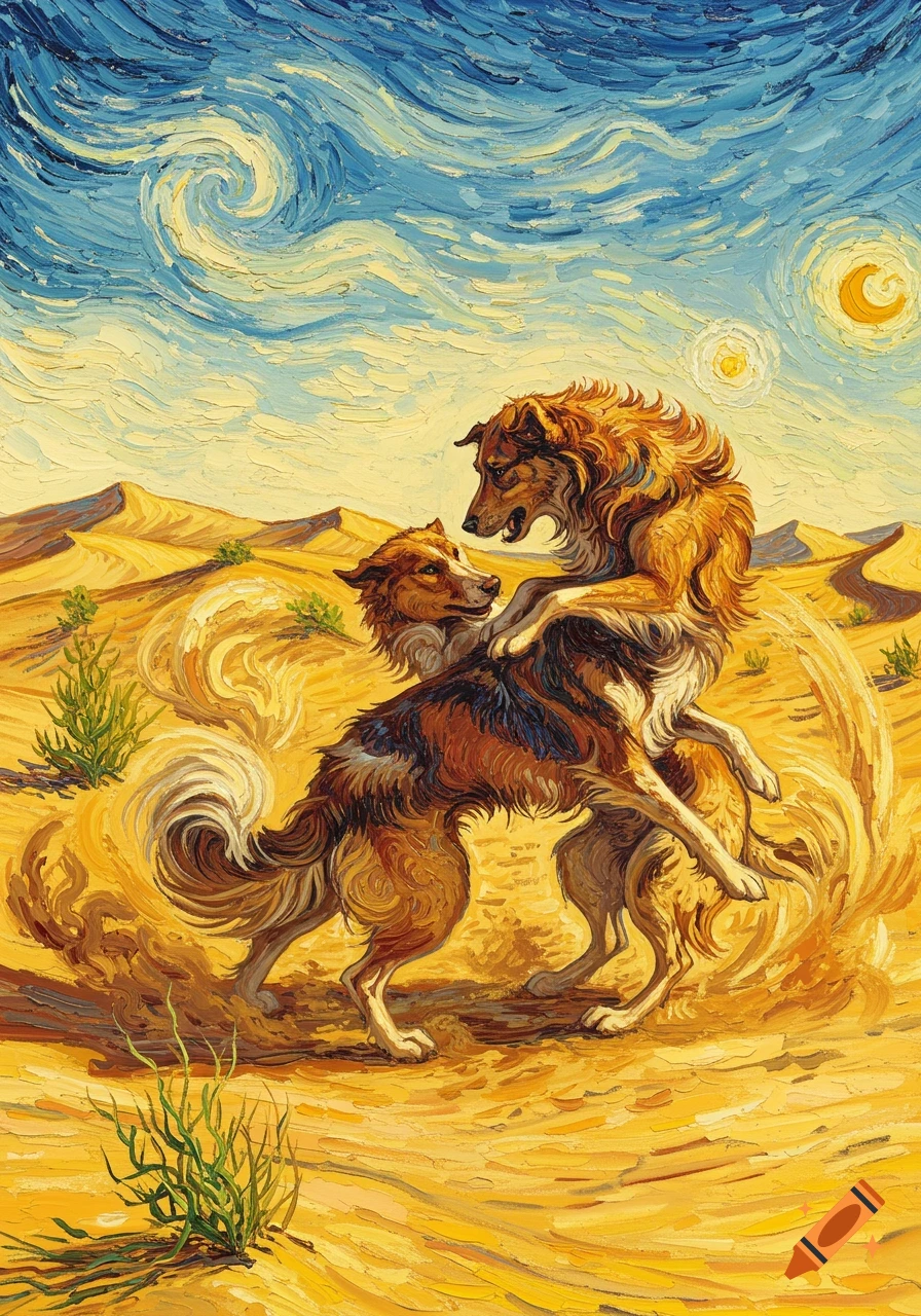 Two stylized dogs, resembling collies, play in a sandy desert under a swirling blue and yellow sky, painted in Vincent van Gogh's impasto style.