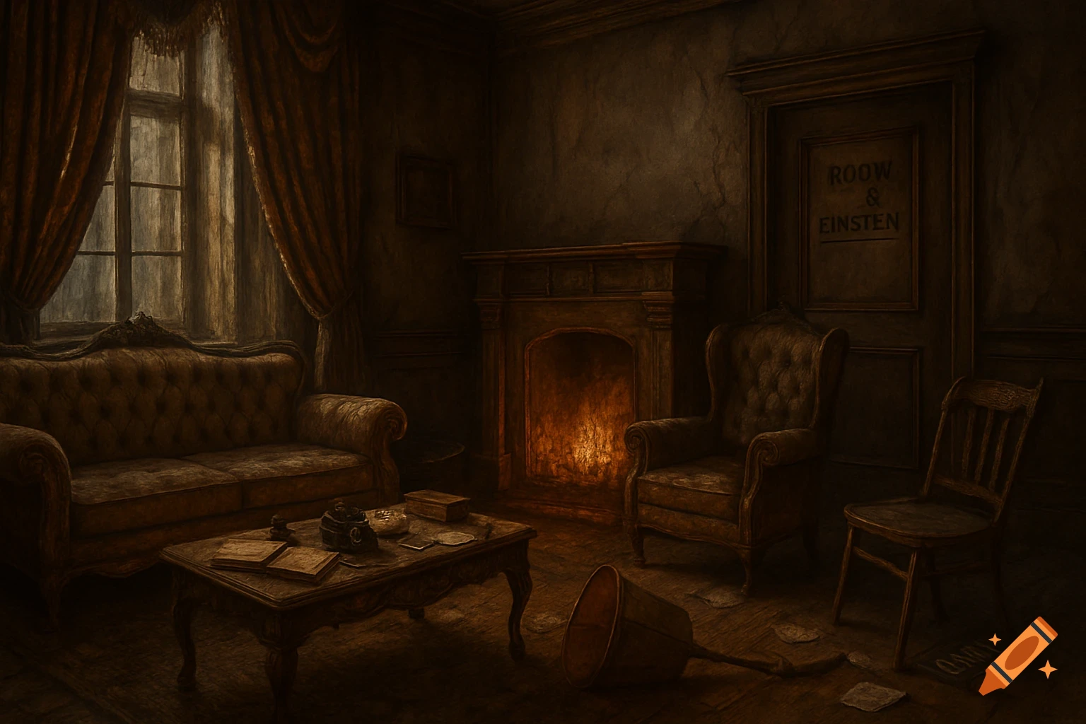 A dark, vintage salon in an old villa, featuring a lit fireplace, tufted sofa, armchair, and coffee table, in a somber, grungy style.