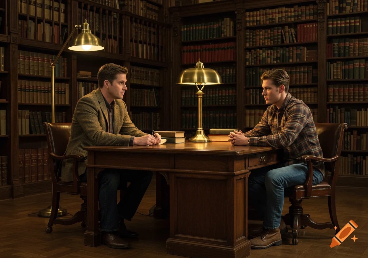 Two men in a photorealistic style sit opposite each other at a wooden desk in a grand library, surrounded by bookshelves.