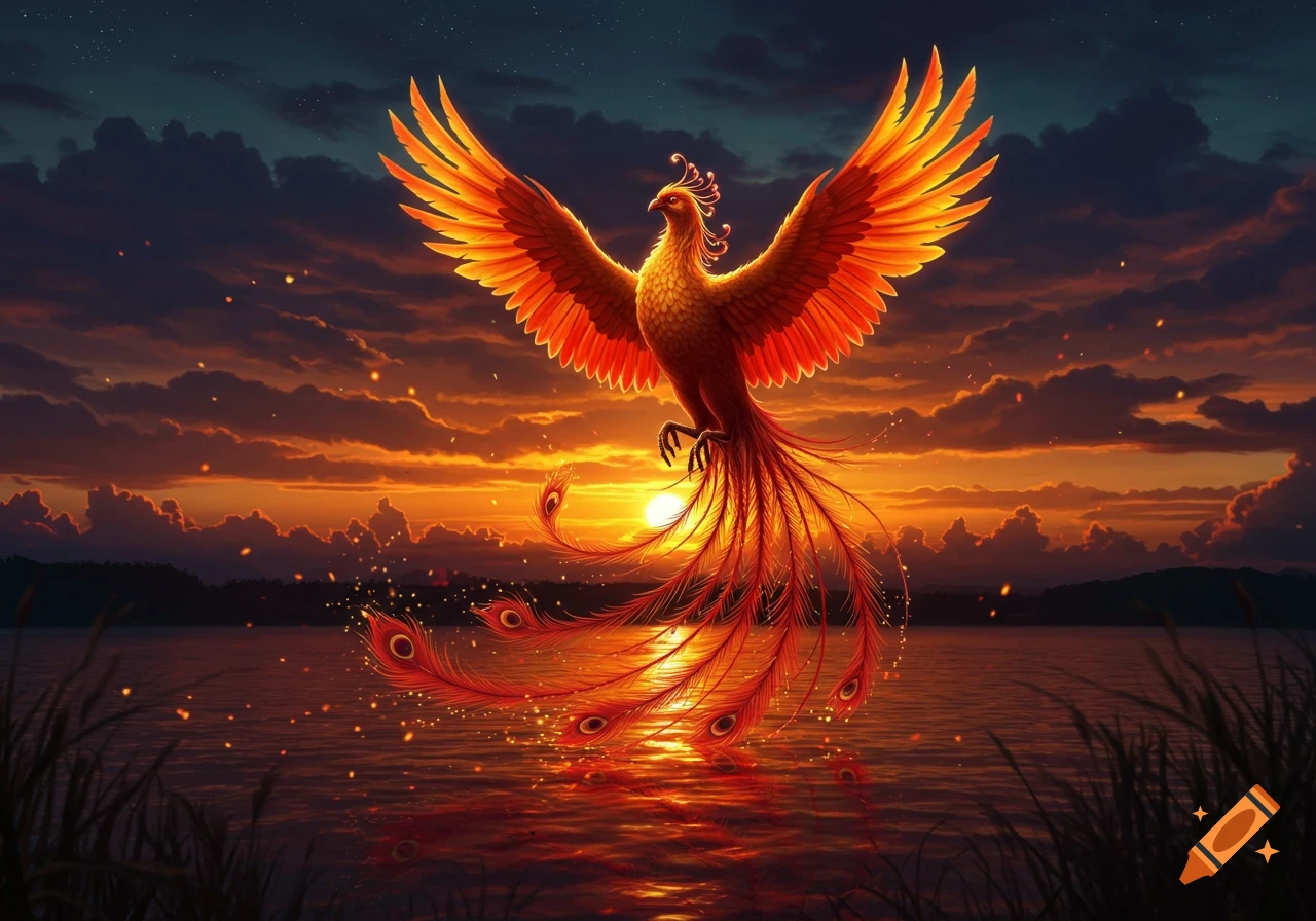 A majestic, vibrant orange and red phoenix with outstretched wings soars over a reflective lake at a dramatic sunset.