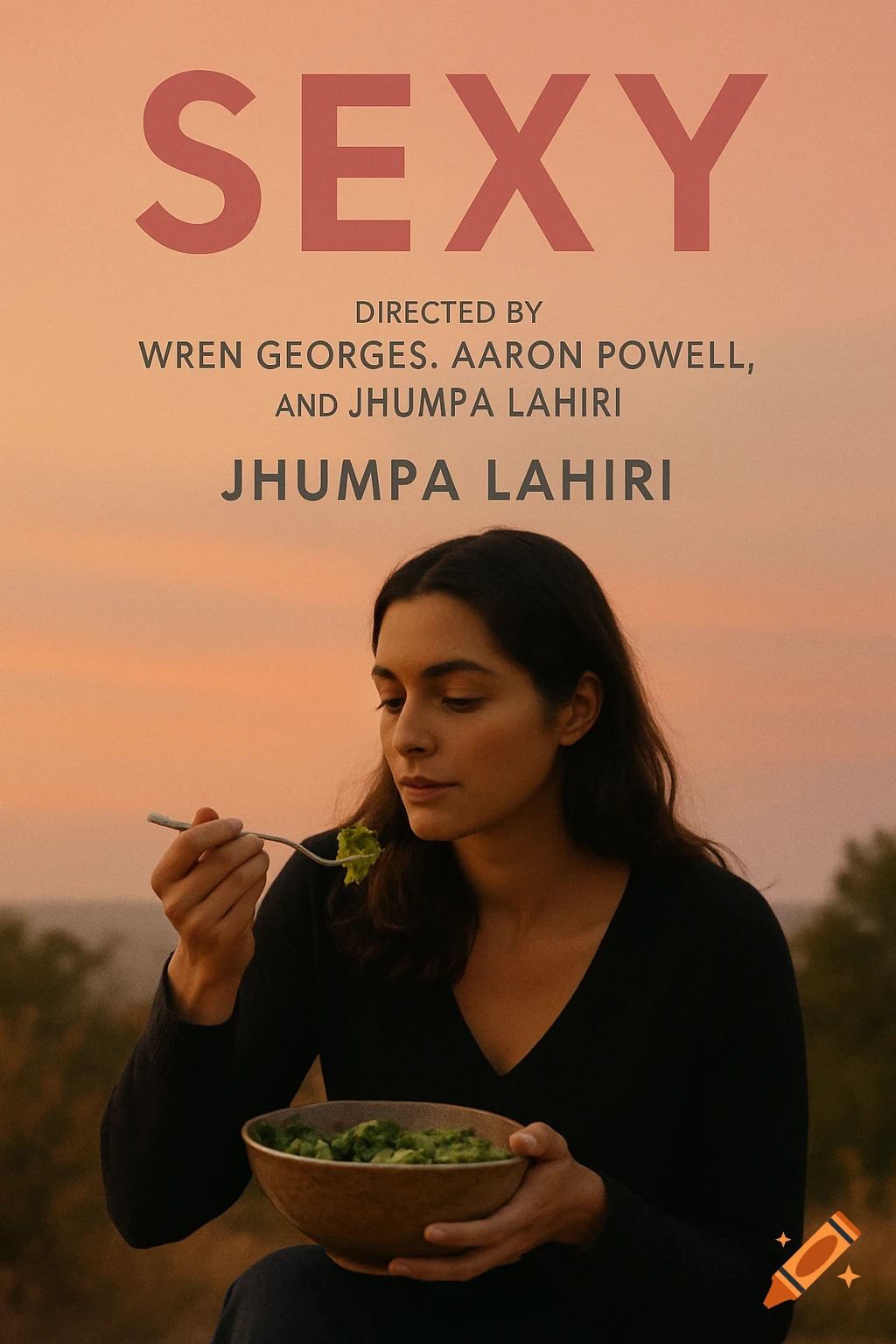 Movie poster with 'SEXY' title, showing a woman eating salad from a bowl against a sunset sky. Directors and author names are listed.