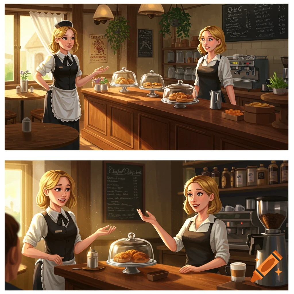 An illustration of two blonde women, possibly the same person, in a cozy cafe. One woman, dressed as a waitress, stands by a table while another, dressed as a barista, is behind the counter. Both are smiling.