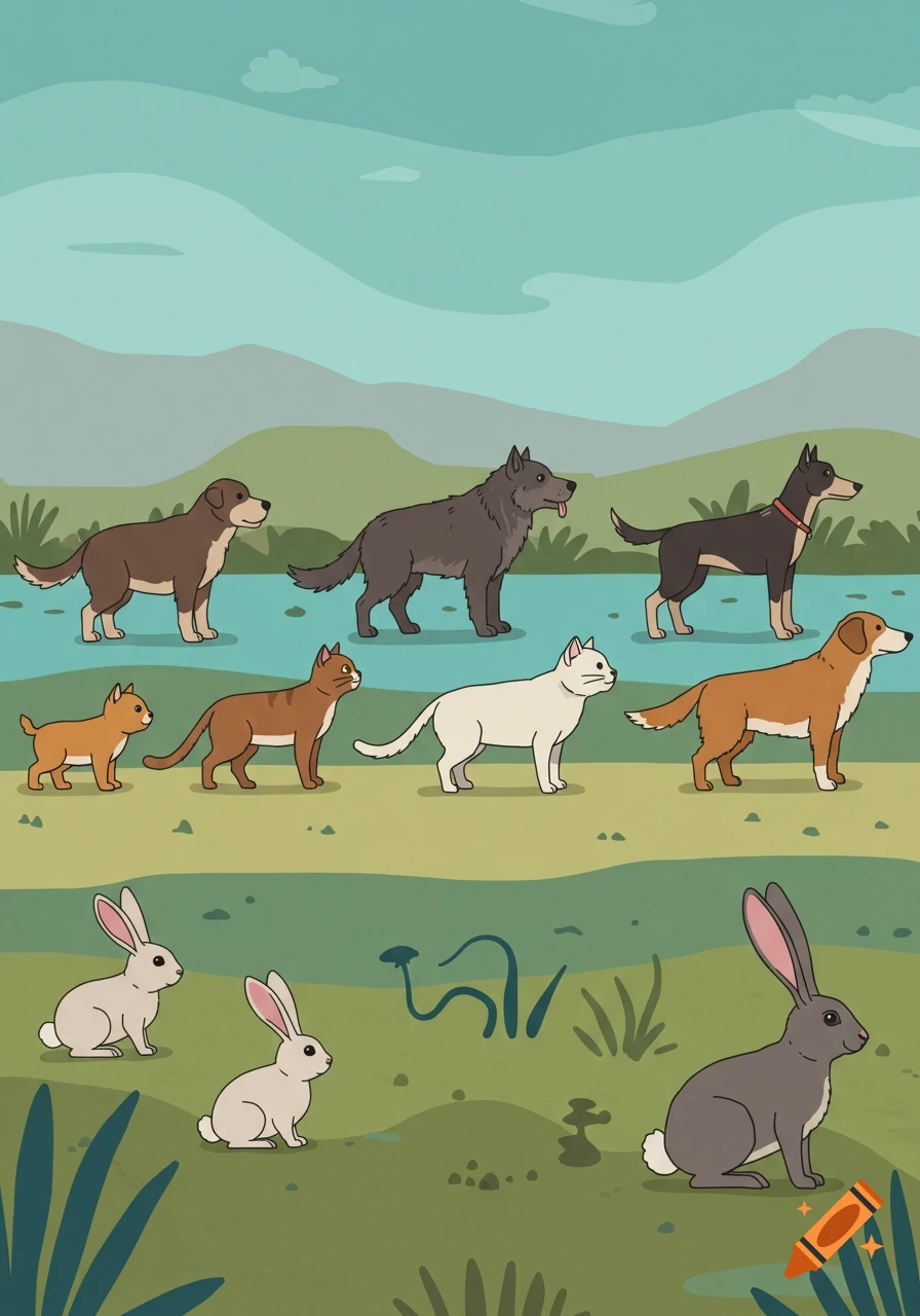 Cartoon illustration of three dogs, three cats, and three rabbits standing in a grassy field with rolling hills and a light blue sky.