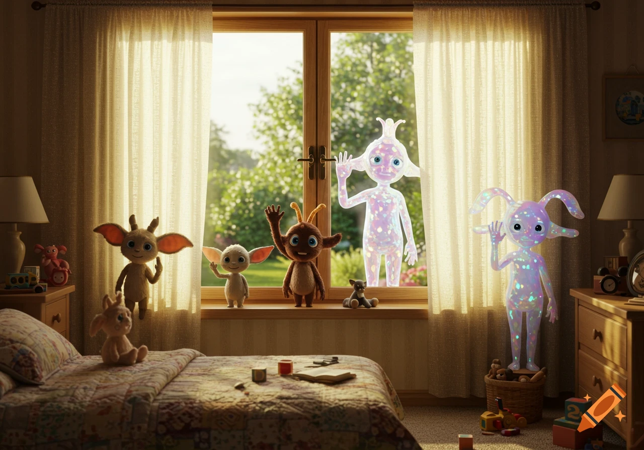 Eight diverse, whimsical imaginary creatures, some fluffy and some iridescent, wave goodbye from a child's sunlit bedroom window.