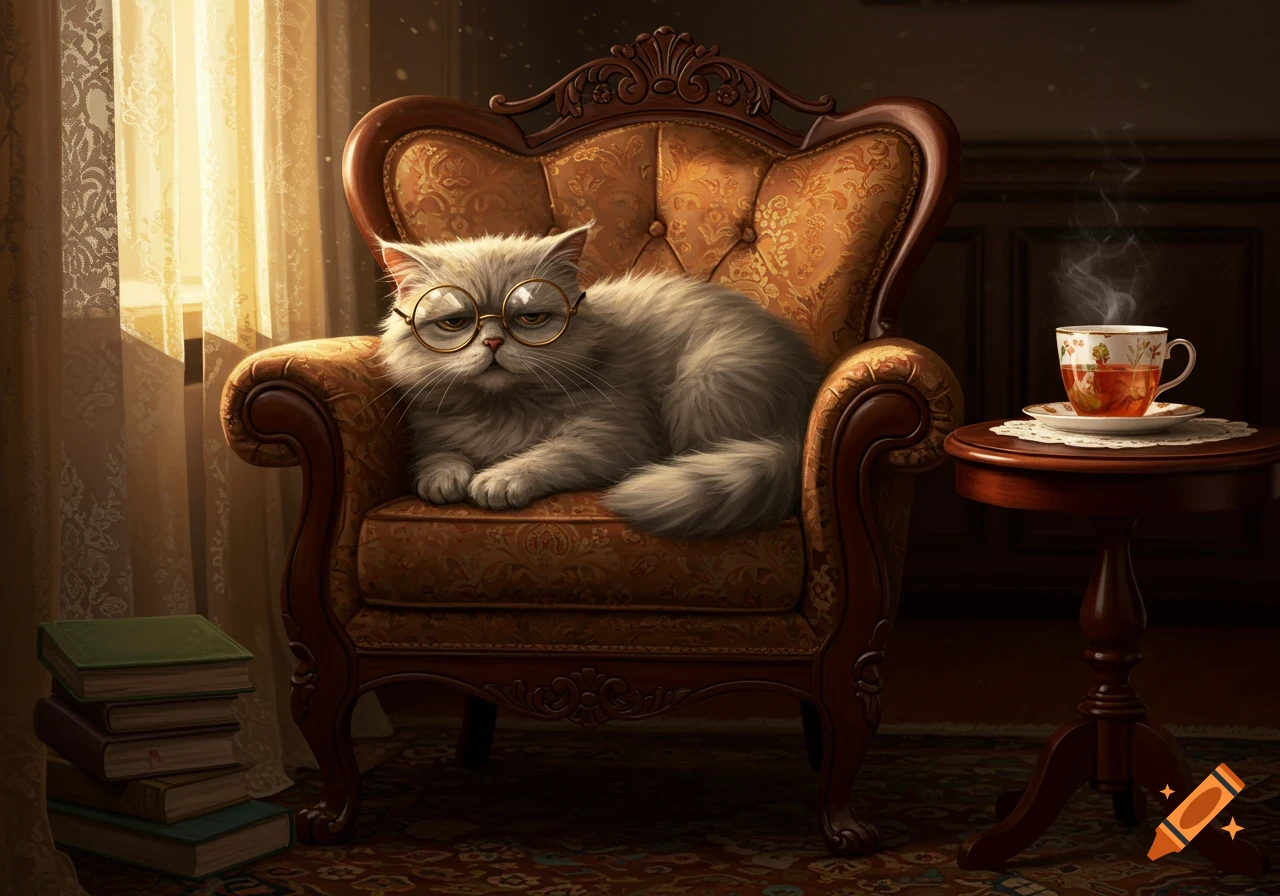 A fluffy grey cat with spectacles rests in an ornate armchair, next to a steaming cup of tea and a stack of books, in a cozy indoor setting.