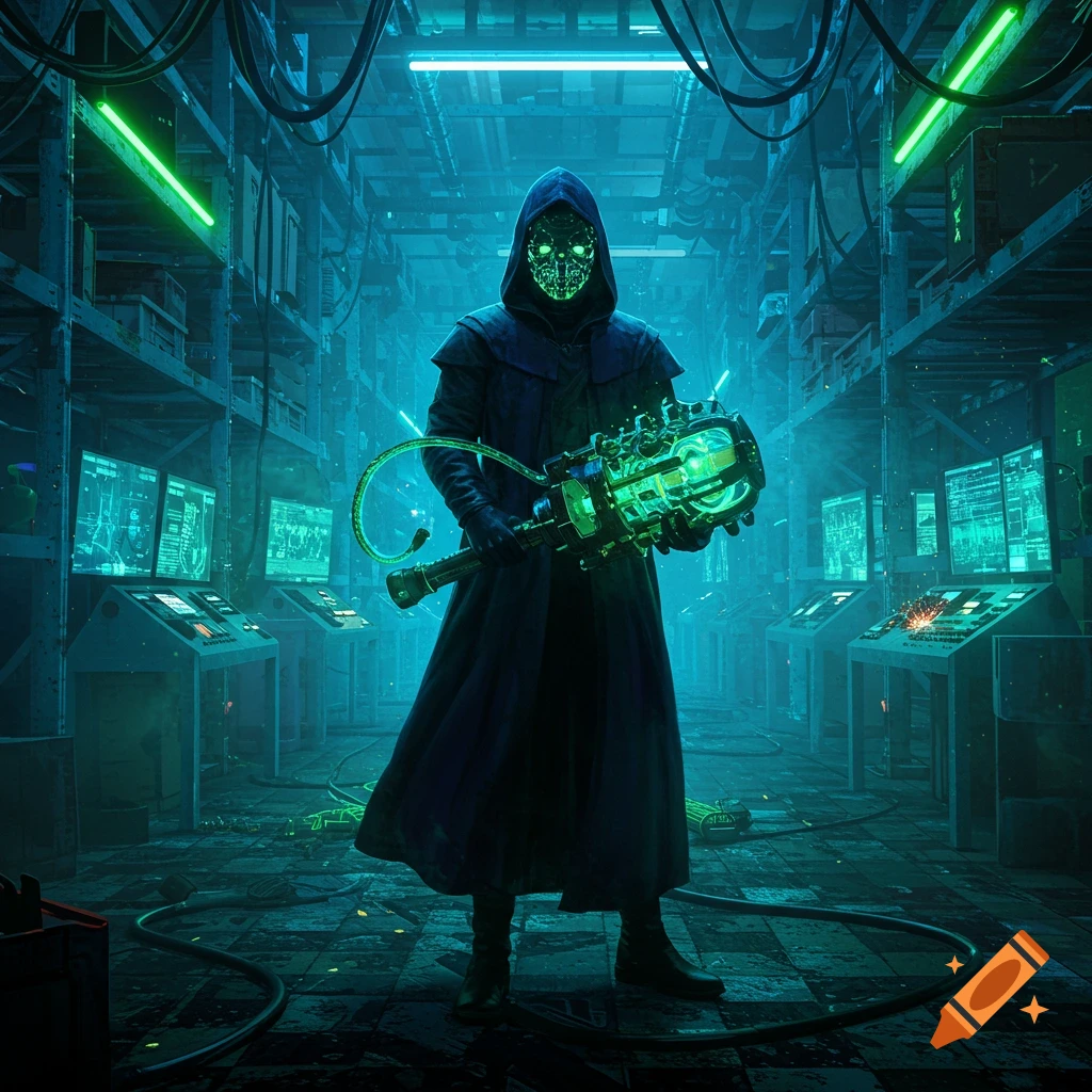 A hooded figure with a glowing mask holds a sci-fi weapon in a neon-lit server room.