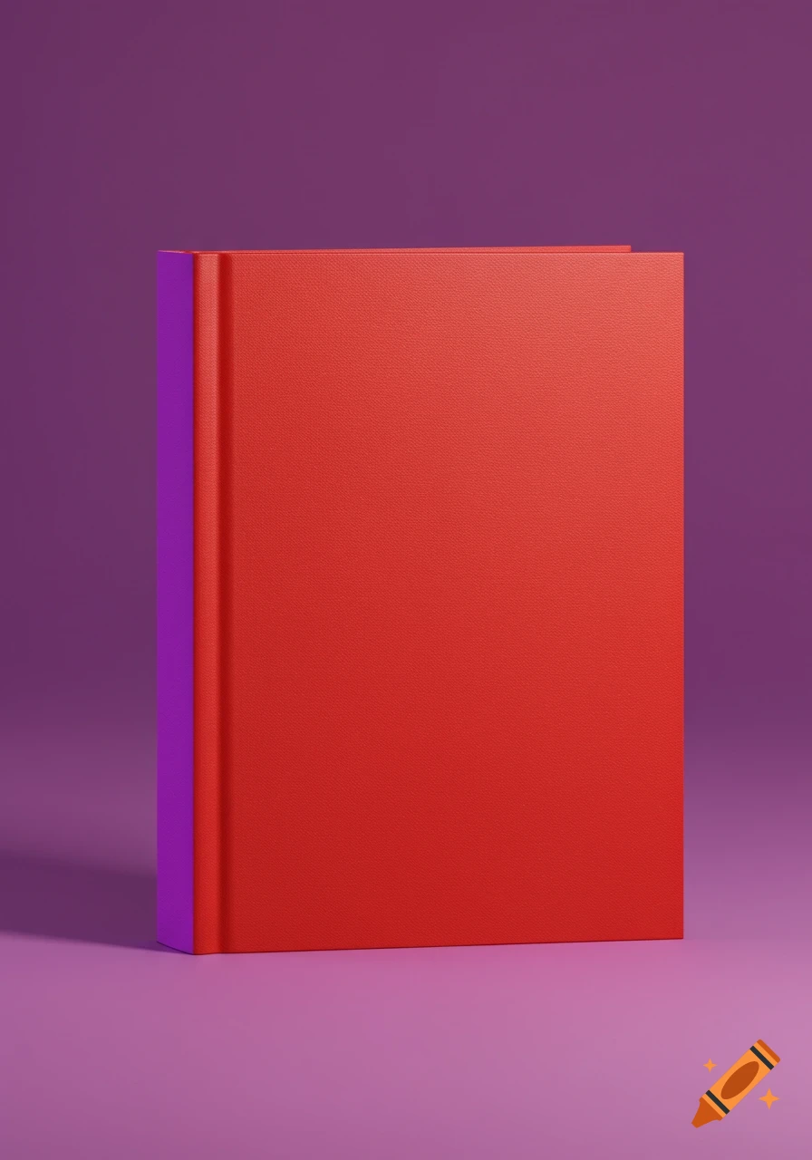 A minimalist red book with a purple spine stands upright against a purple background.