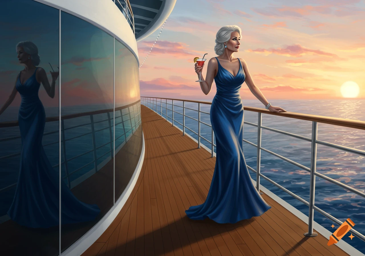 Elegant woman in a blue gown stands on a cruise ship deck at sunset, holding a cocktail. Digital art.