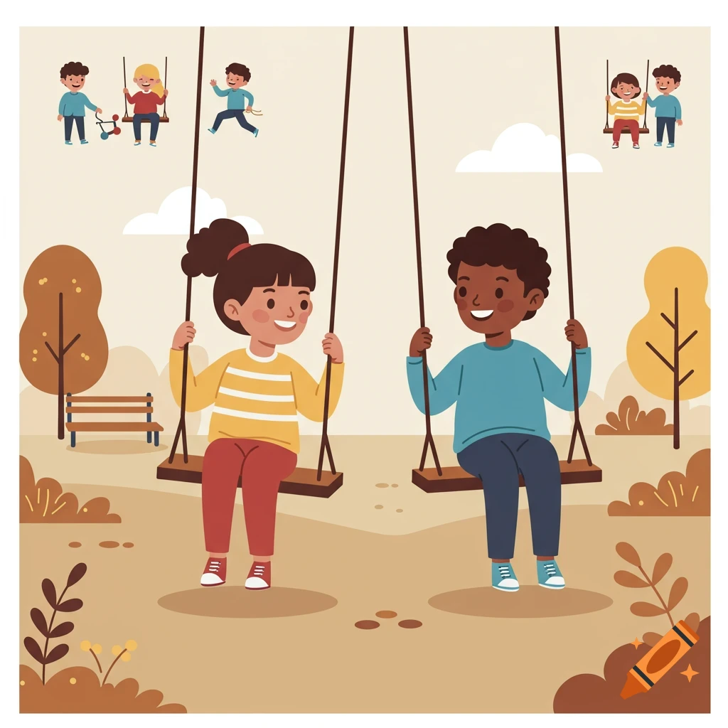 Flat cartoon illustration of two smiling children swinging in a sunny park, with other kids playing in the background.