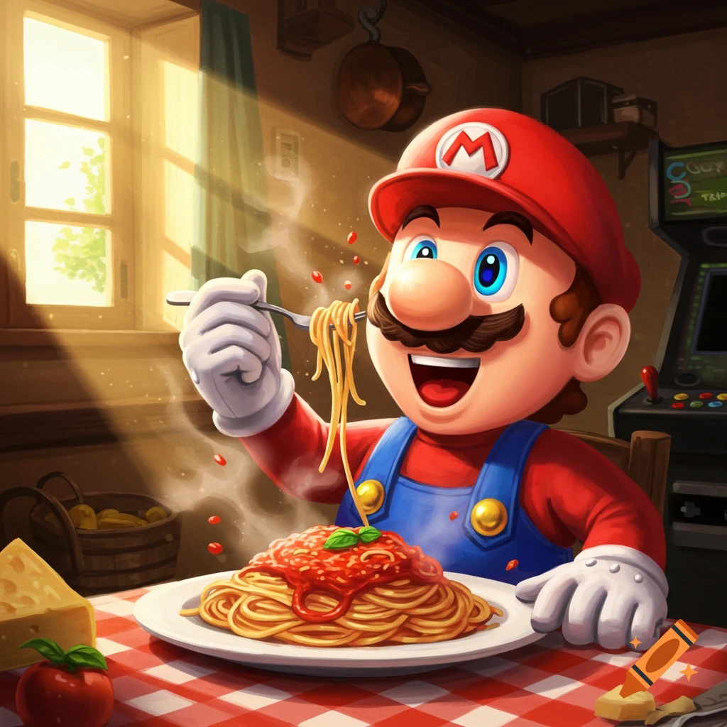Mario, a cartoon character in a red cap and blue overalls, happily eats a plate of spaghetti with red sauce in a sunlit kitchen.
