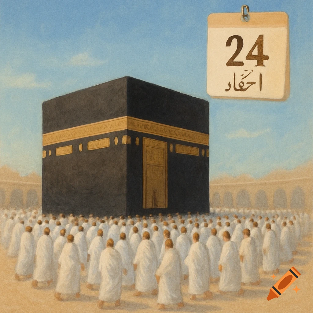 A stylized painting of the black Kaaba in Mecca, surrounded by many pilgrims in white robes, under a blue sky with a floating calendar showing '24' and illegible script.