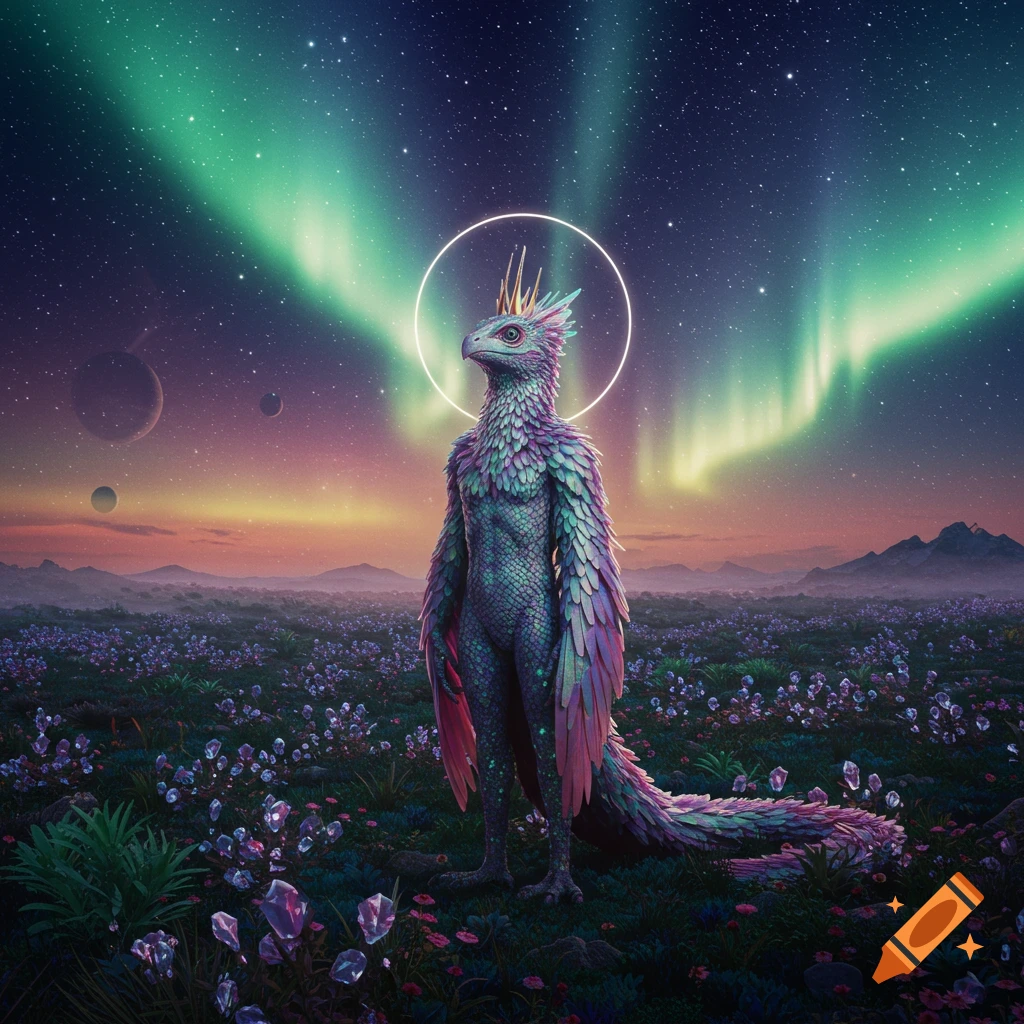A majestic, colorful bird-like creature with a crown stands in a field of glowing crystals under an aurora-lit night sky with planets.