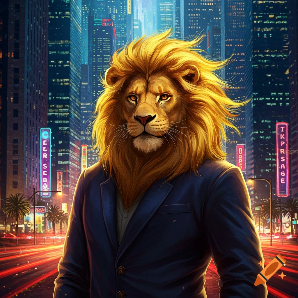 A majestic anthropomorphic lion in a dark suit stands in a vibrant, neon-lit cityscape at night.