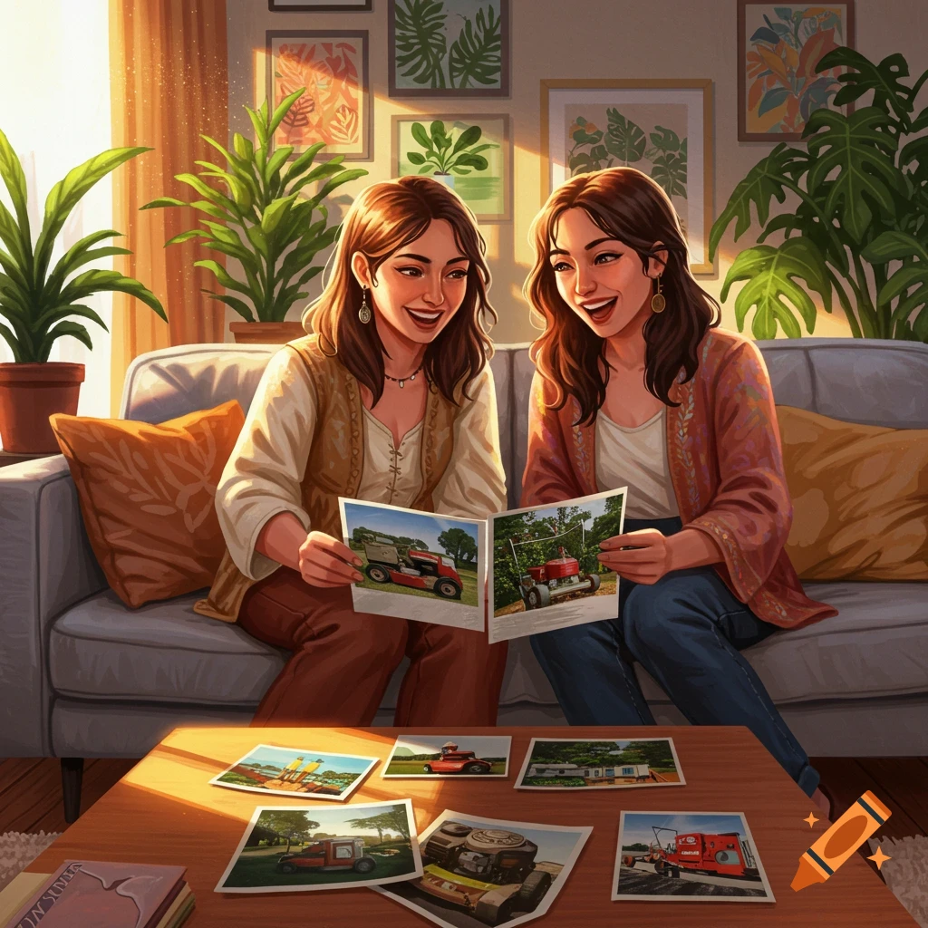 Two smiling women on a sofa look at a magazine with lawnmower photos, with more photos spread on a wooden table in a sunlit room.
