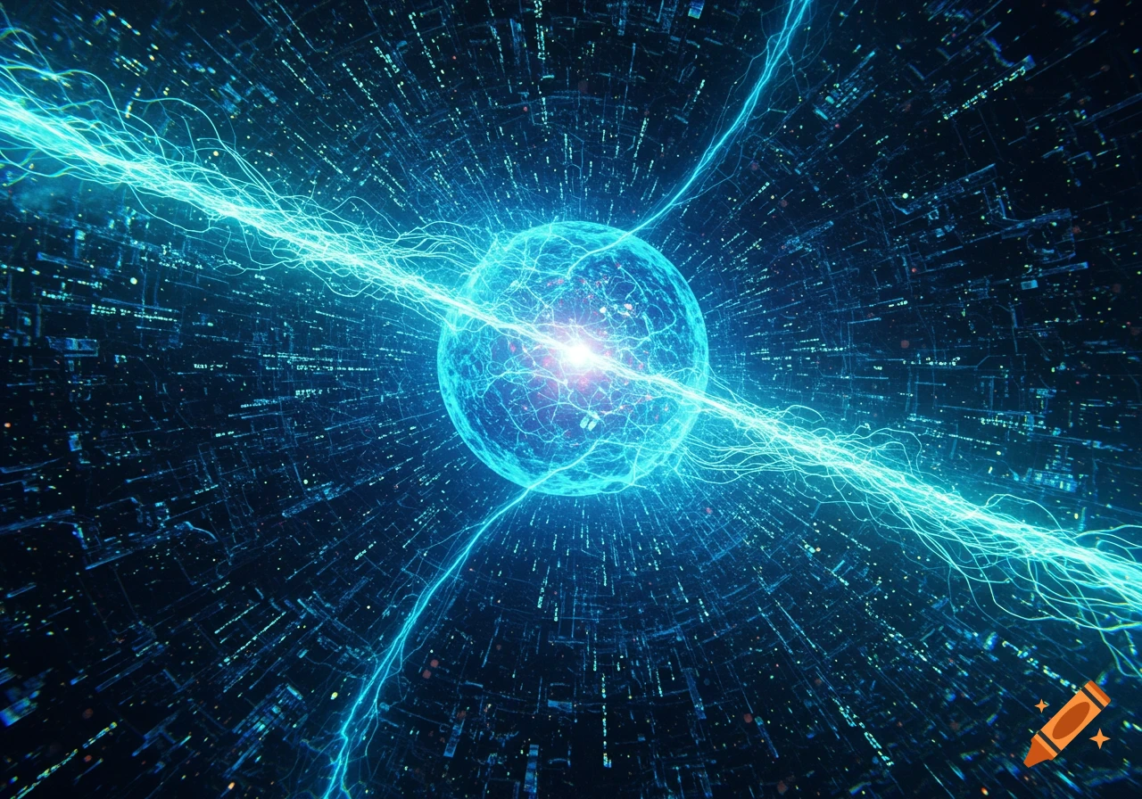 A bright blue glowing orb emits electrical energy streaks in a dark, intricate digital space.