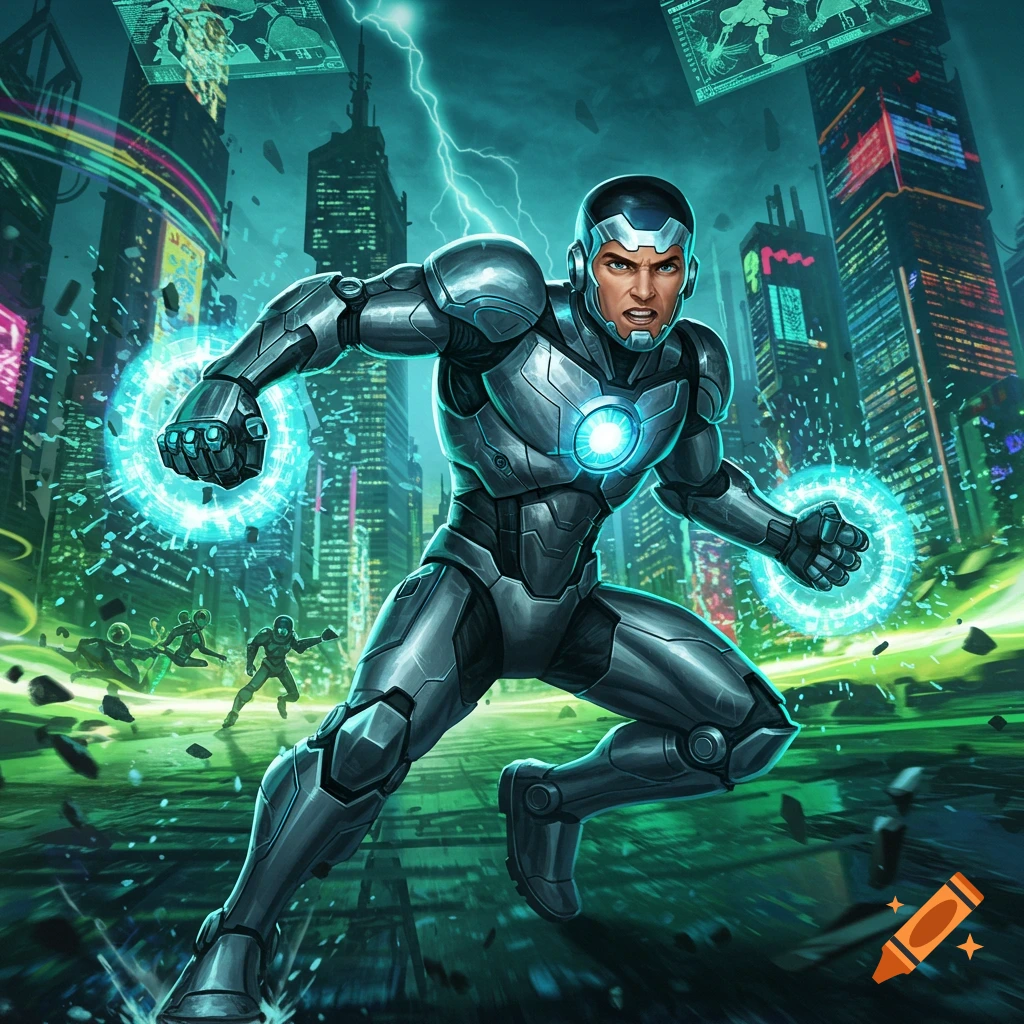 A muscular superhero in a metallic blue and silver suit, glowing with teal energy, runs through a futuristic city under a lightning storm.