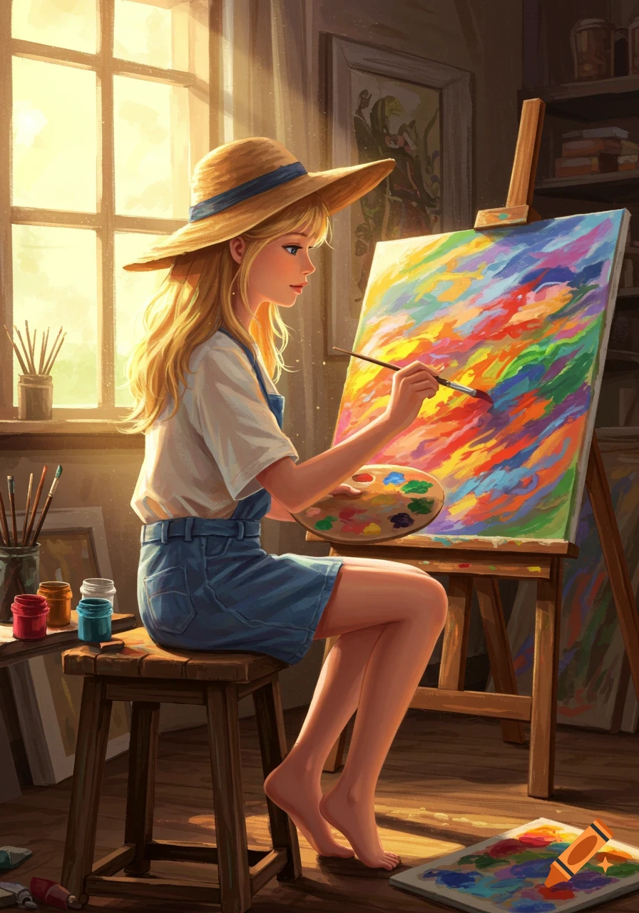 A blonde girl in a straw hat and denim dress paints a vibrant abstract canvas in a sunlit art studio.