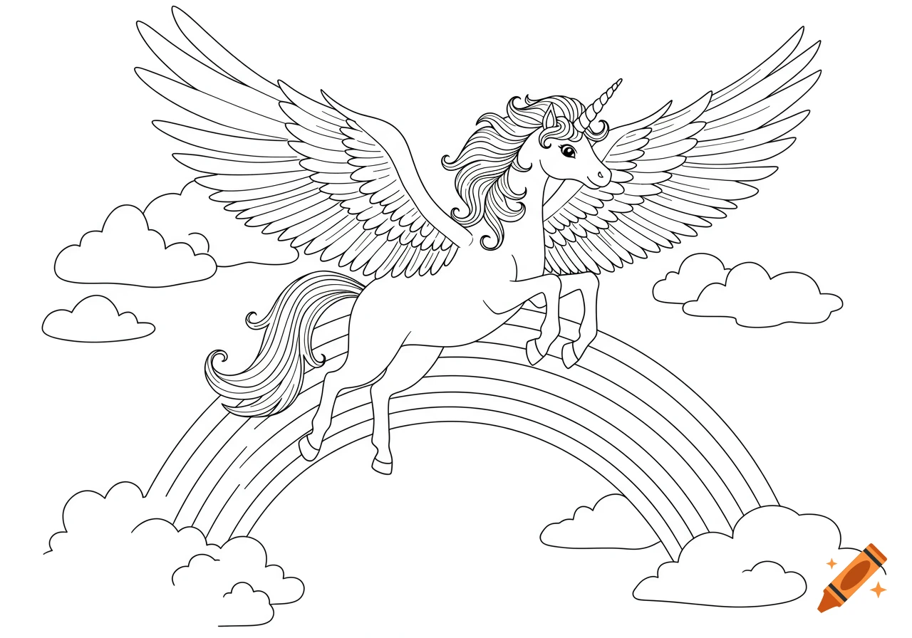 Line art coloring page of a winged unicorn leaping over a rainbow with clouds in the sky.