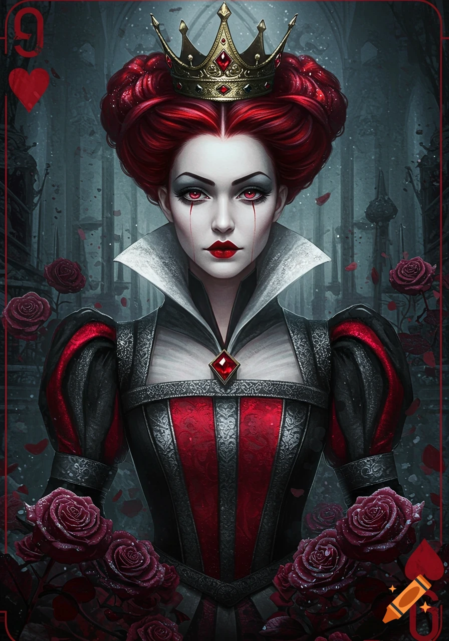 A regal woman with a golden crown, red hair, pale skin, red eyes, and tear-like red streaks, dressed in a black and red Victorian-style gown, framed like a playing card with roses.