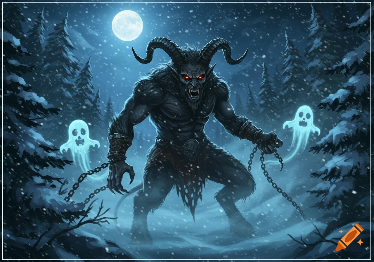 Menacing Krampus with red eyes and horns holds chains in a snowy forest at night. Two ghosts float nearby under a full moon.