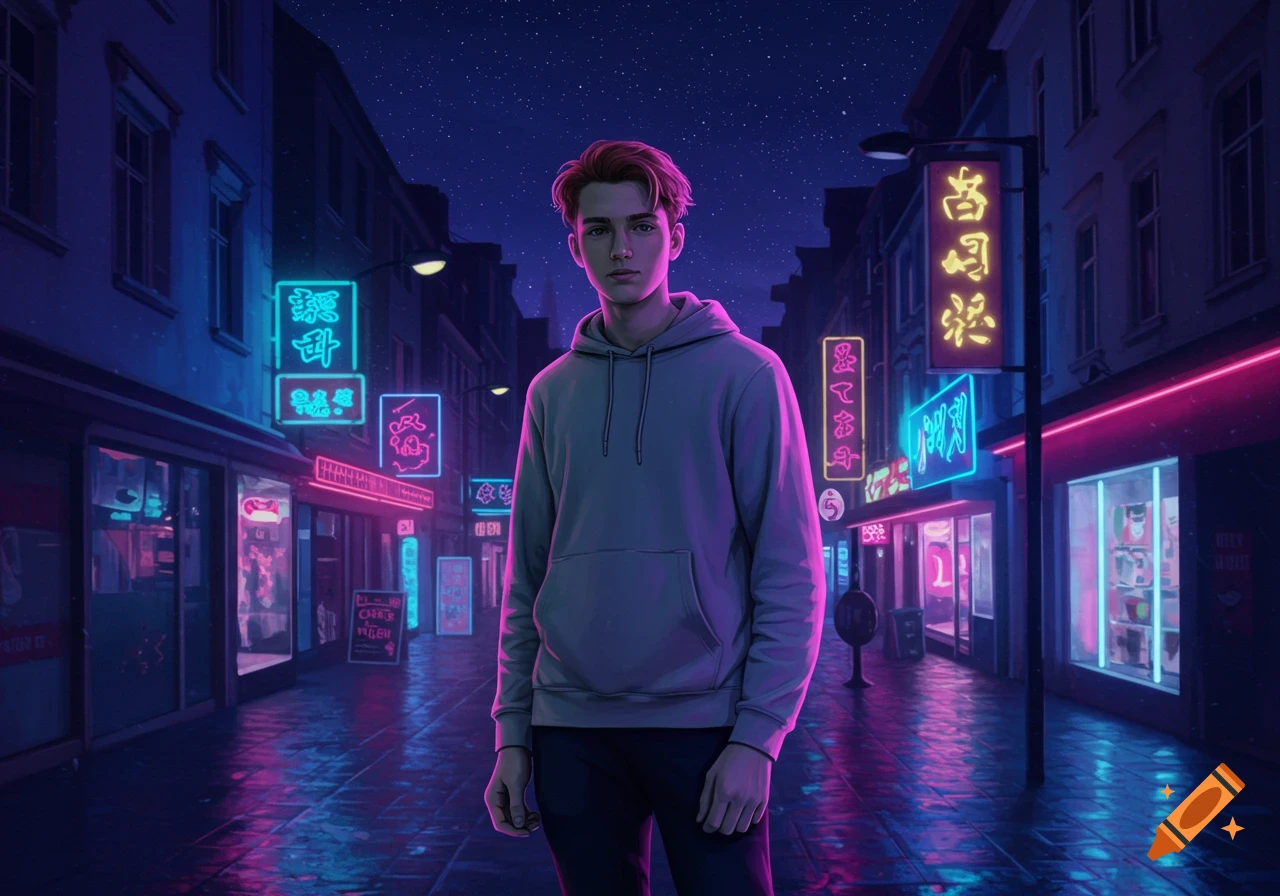 A young man with reddish hair stands on a wet, neon-lit city street at night, with glowing pink and blue signs reflected on the ground in a synthwave style.