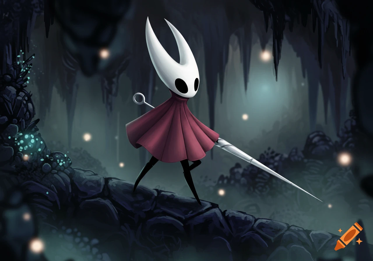 Hornet from Hollow Knight, a white-masked bug-like character in a red cloak holding a needle, walks through a glowing cavern.