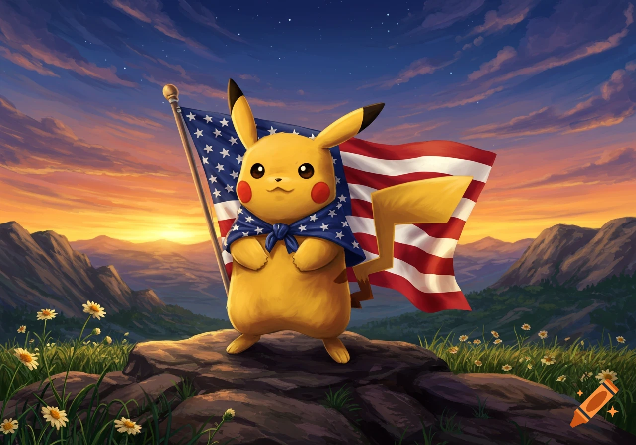 Pikachu stands on a rock, draped in an American flag like a cape, overlooking a mountainous landscape at sunset.
