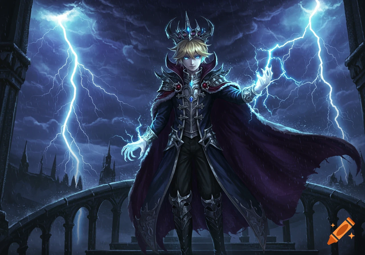 A young blonde anime king in ornate dark armor wields lightning magic on a castle bridge during a stormy night.