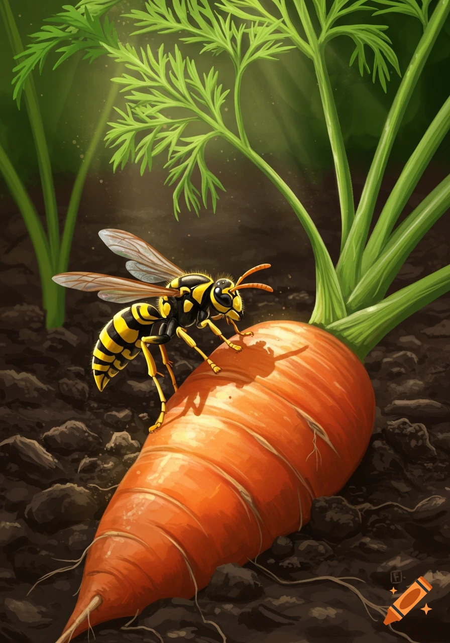 A detailed illustration of a yellow and black wasp perched on a large orange carrot in dark soil with green foliage.