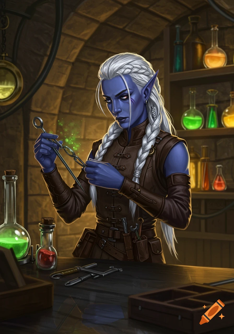 A blue-skinned drow artificer with braided white hair works with tools, glowing green, in a cluttered alchemist's lab.