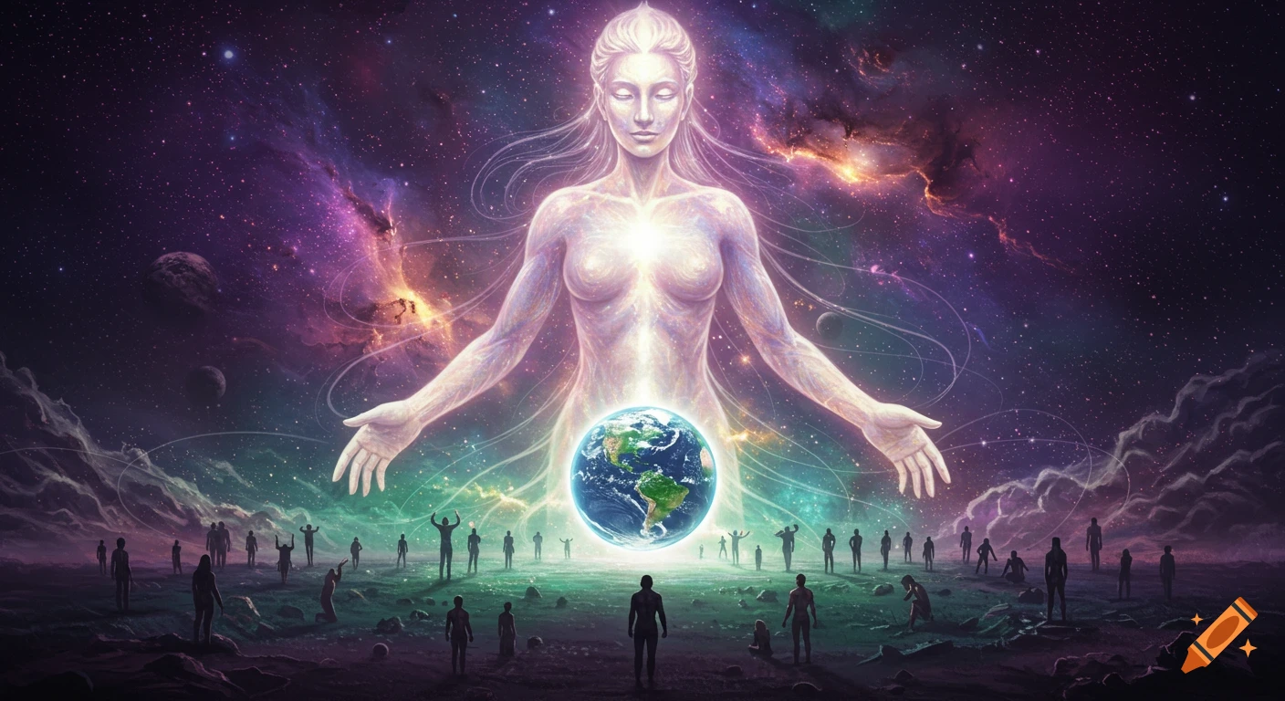 An ethereal, glowing female deity holds the Earth while tiny humans look up, set against a vibrant cosmic nebula.