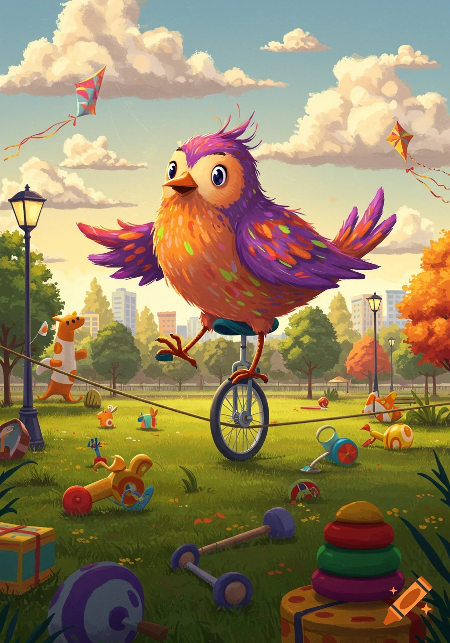A colorful cartoon bird balances on a unicycle on a tightrope in a park filled with toys and kites.