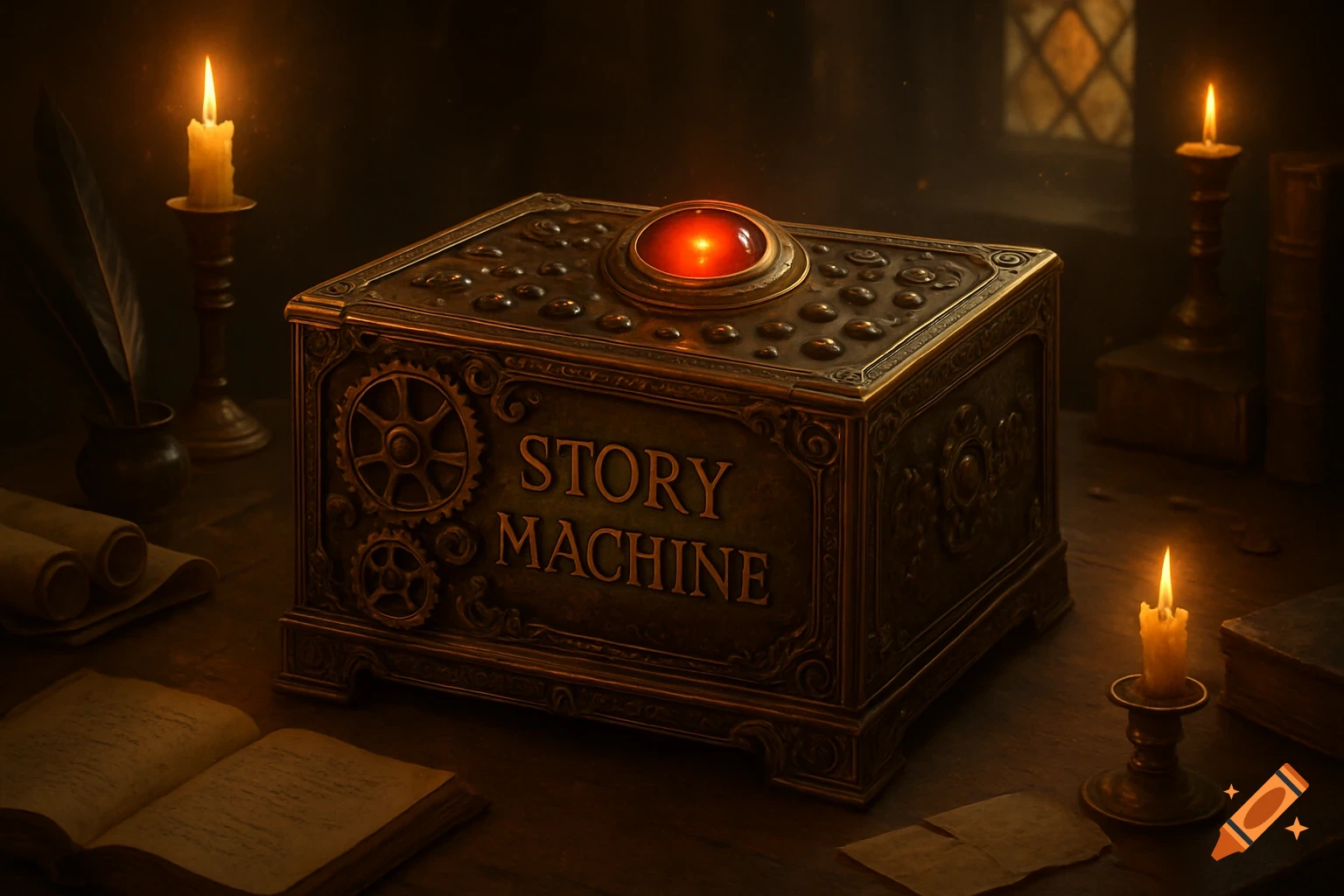 An ornate bronze 'Story Machine' box with a glowing red button, surrounded by candles, a quill, and old books.