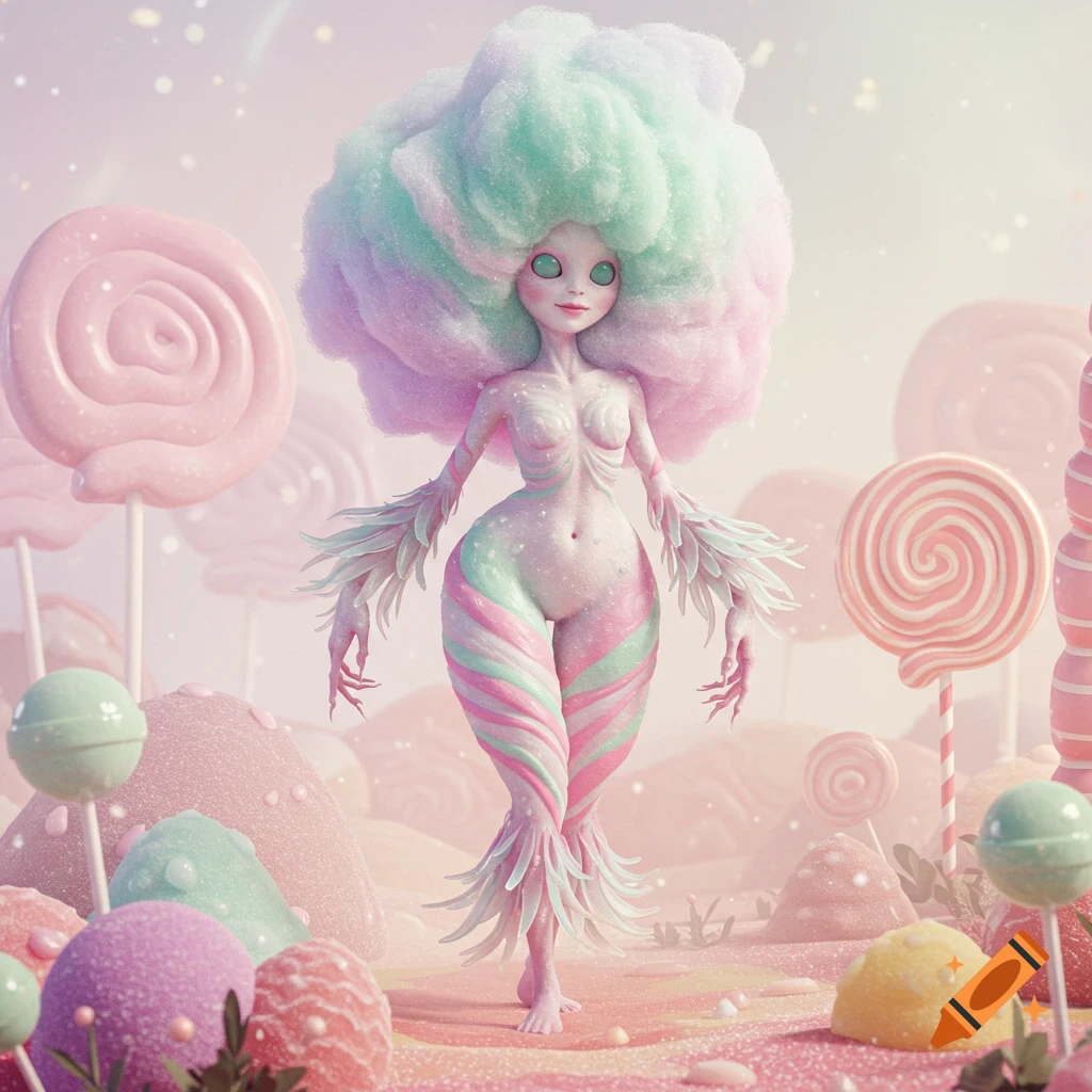 A creepy, pastel-colored candy monster with cotton candy hair and striped body stands in a vibrant landscape of oversized lollipops and sugary hills.