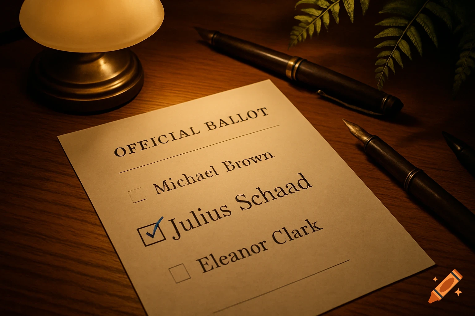 Close-up of an official ballot on a wooden desk with 'Julius Schaad' checked, alongside fountain pens and a lit lamp in a vintage style.