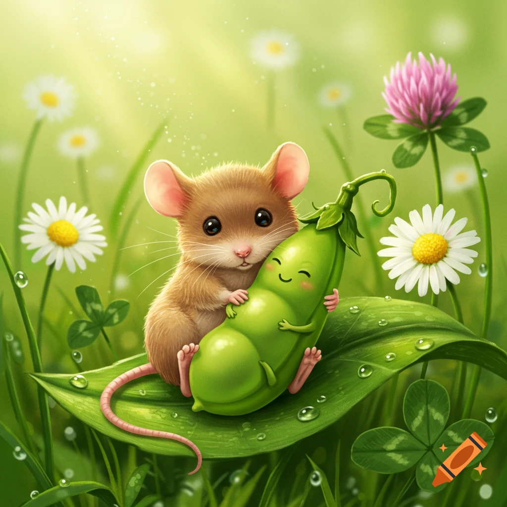 A cute brown mouse hugs a smiling green pea on a dewy leaf in a sunny field with daisies and clover, illustration.