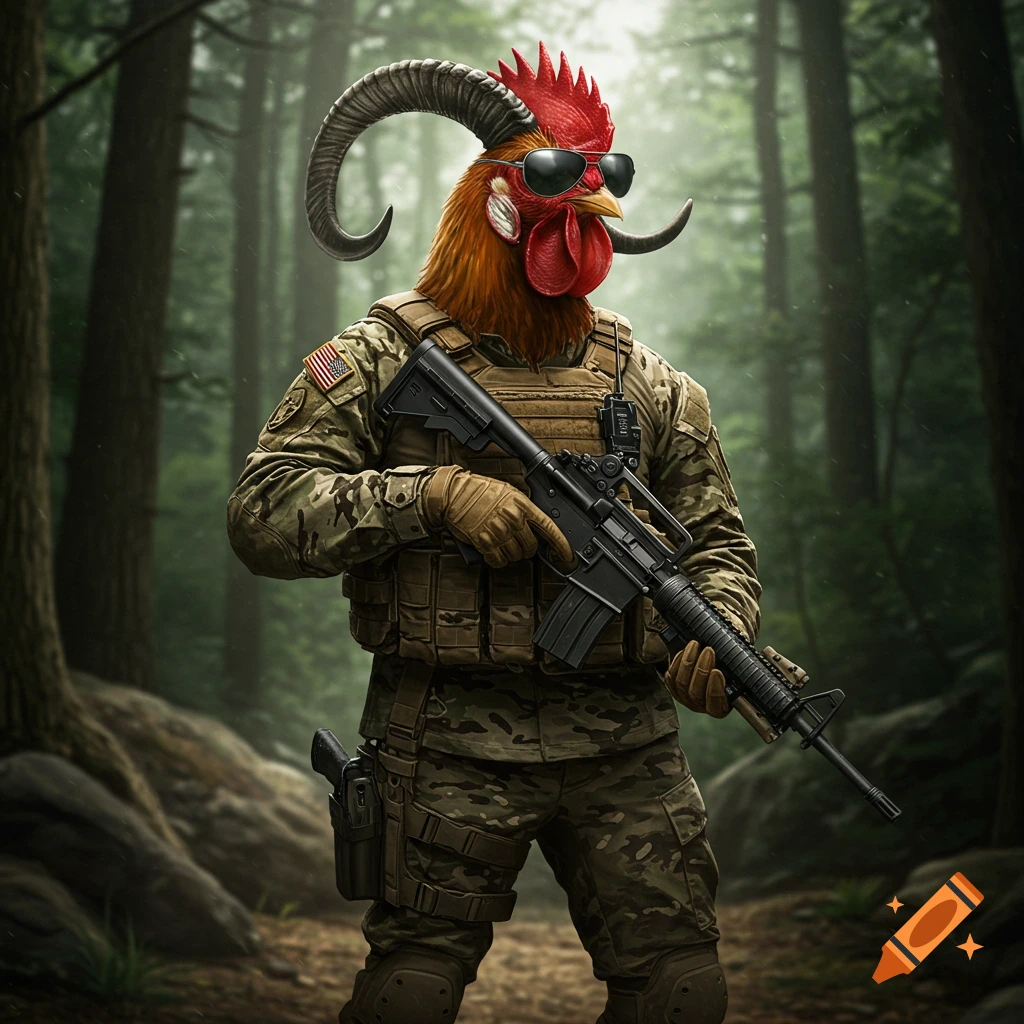 A tactical rooster-goat hybrid wearing aviator sunglasses and a multicam military uniform, holding an M4 rifle in a forest.