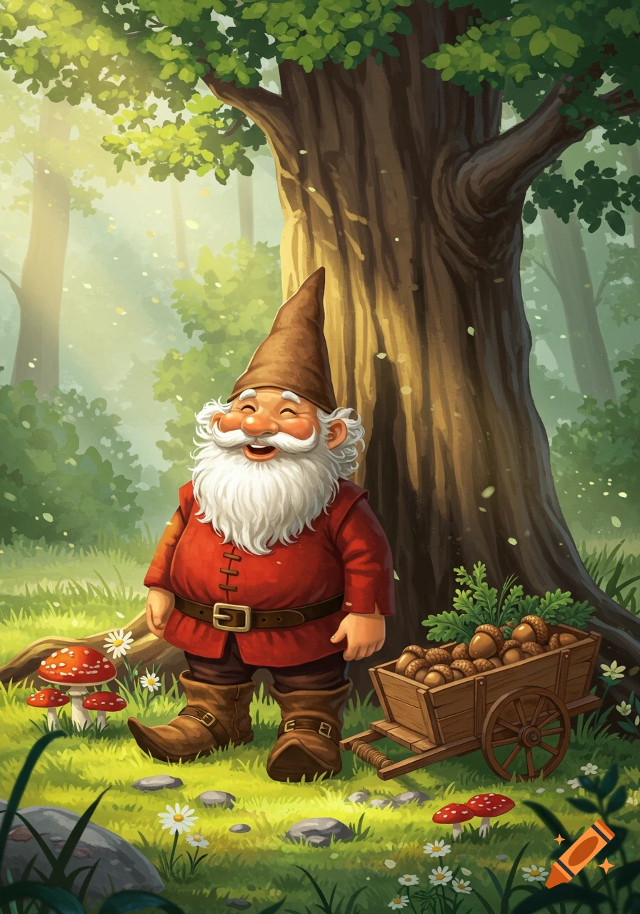 A smiling gnome with a white beard, brown hat, and red tunic stands in a sunlit forest next to a wooden cart filled with acorns.
