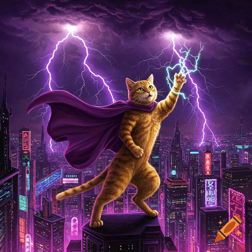 An orange tabby superhero cat with a purple cape stands on a skyscraper, raising a paw towards purple lightning in a futuristic city at night.