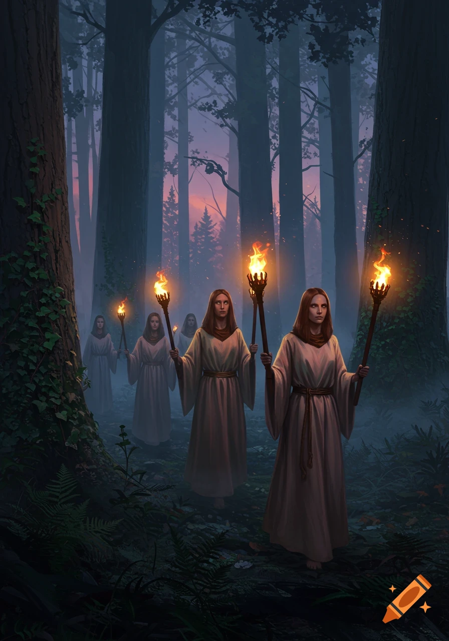 Women in white robes carry flaming torches through a dark, misty forest at twilight, with tall trees silhouetted against a purple sky.